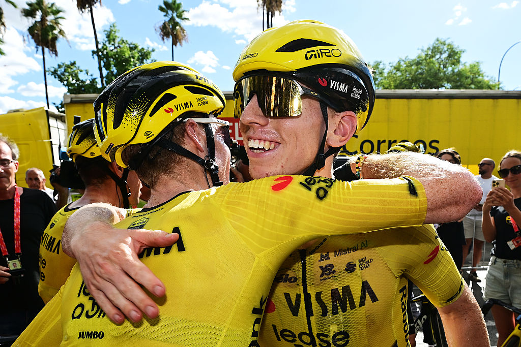 SEVILLA, SPAIN - SEPTEMBER 09: (L-R) Sepp Kuss of United States and stage winner Matthew Brennan of Great Britain and Team Visma | Lease a Bike react after the La Vuelta - 81st Tour of Spain 202, Stage 17 a 185km stage from Dos Hermanas to Sevilla / #UCIWT / stage from on September 09, 2026 in Sevilla, Spain. (Photo by Tim de Waele/Getty Images)