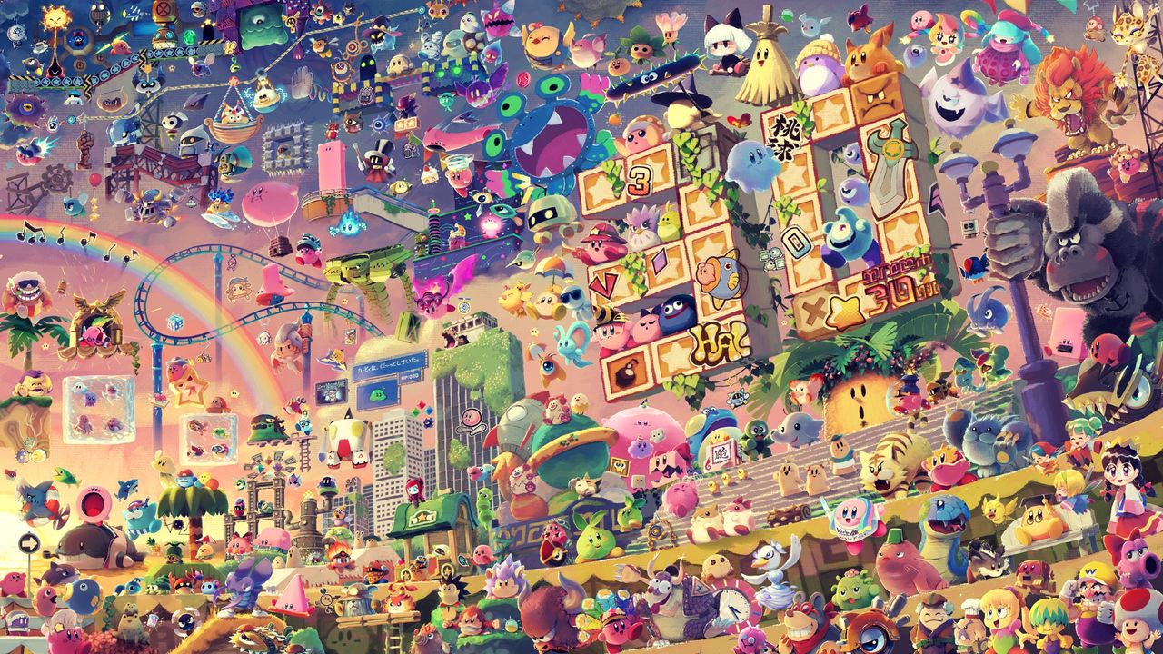 Fan art showing various Nintendo characters celebrating Kirby's birthday