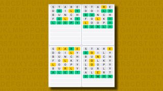 Quordle Daily Sequence answers for game 982 on a yellow background