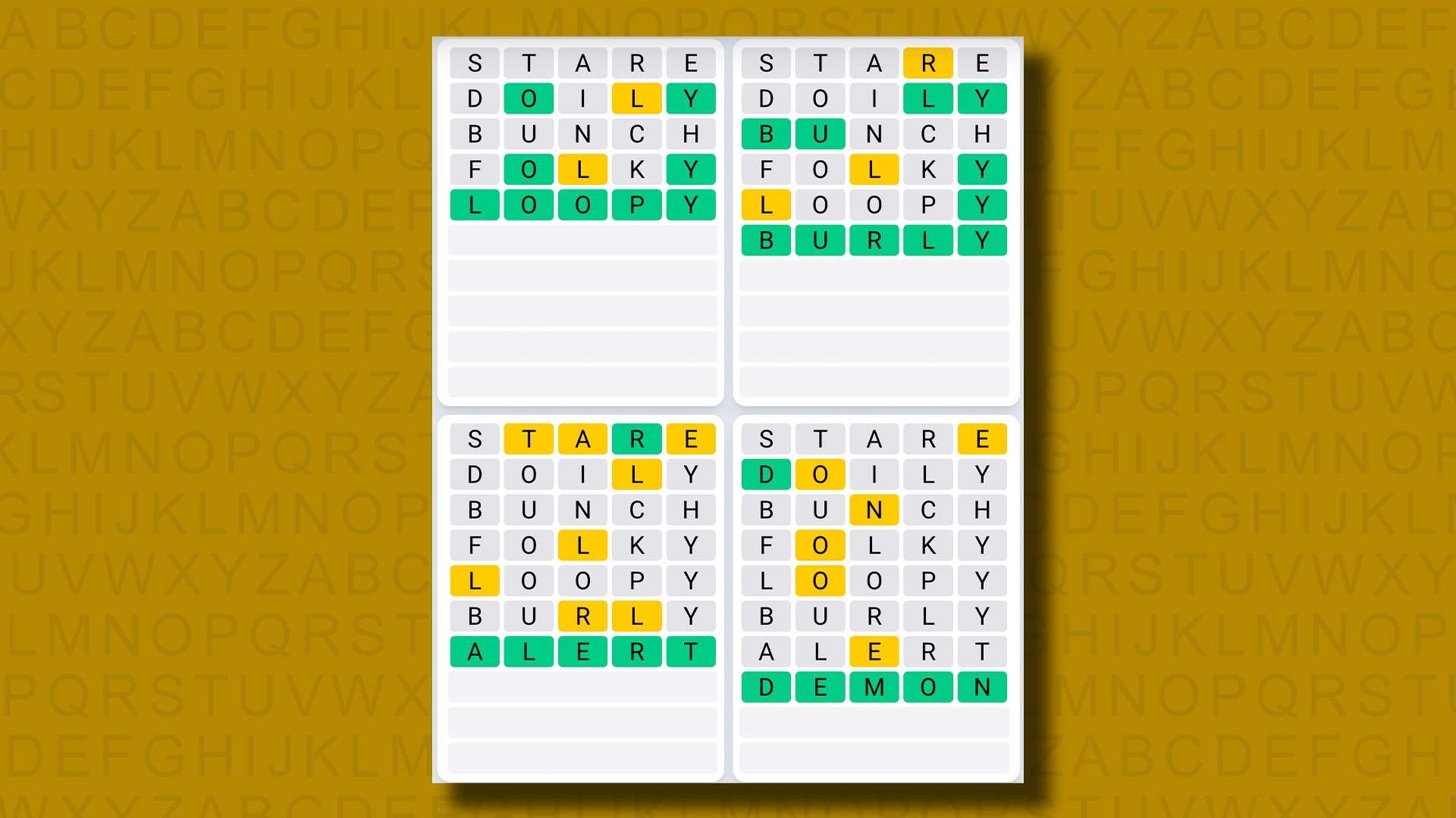 Quordle Each day Sequence answers for game 982 on a yellow background