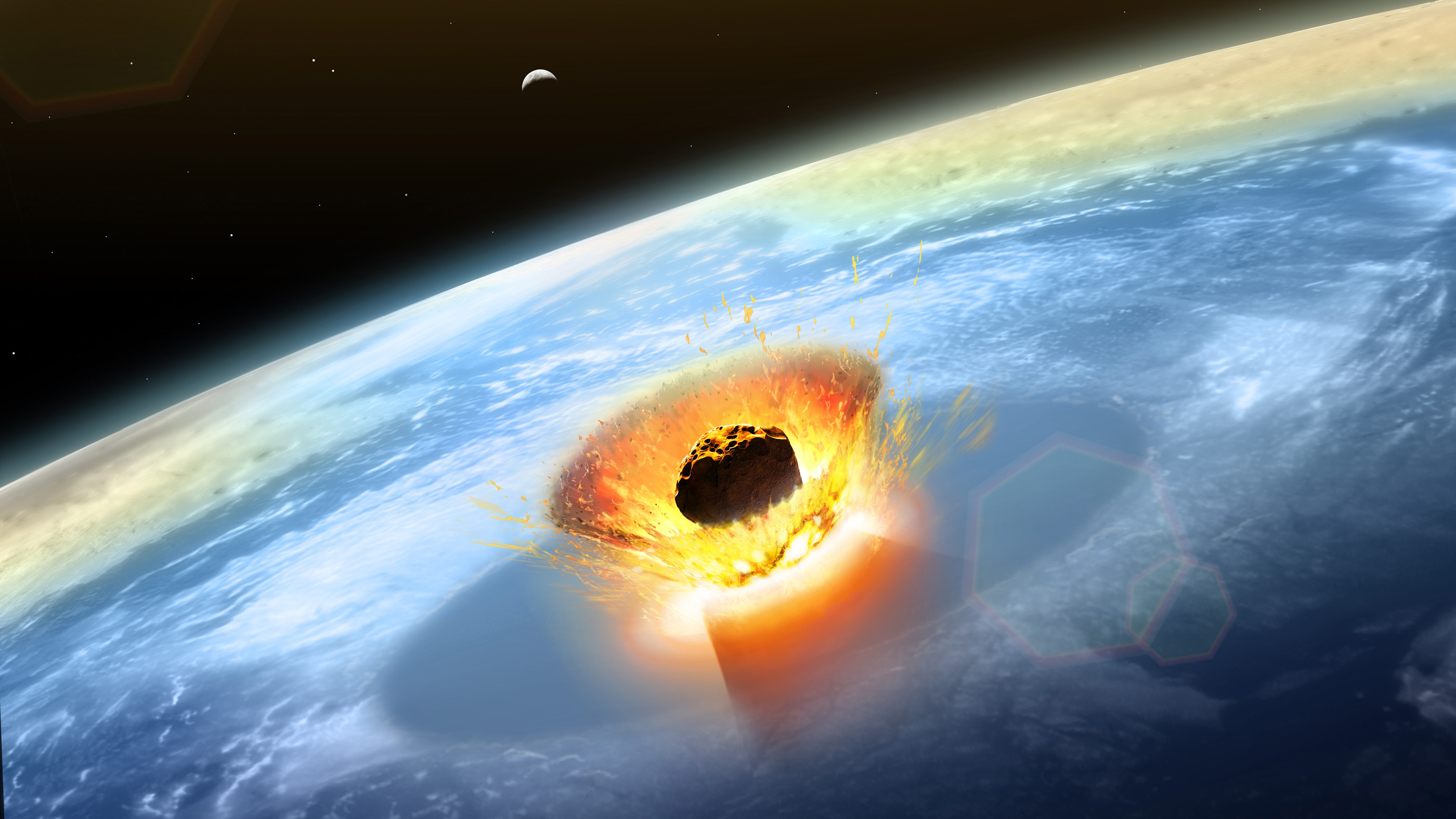 A giant asteroid collided with Earth on the Yucatan Peninsula some 66 million years ago, as shown in this illustration.