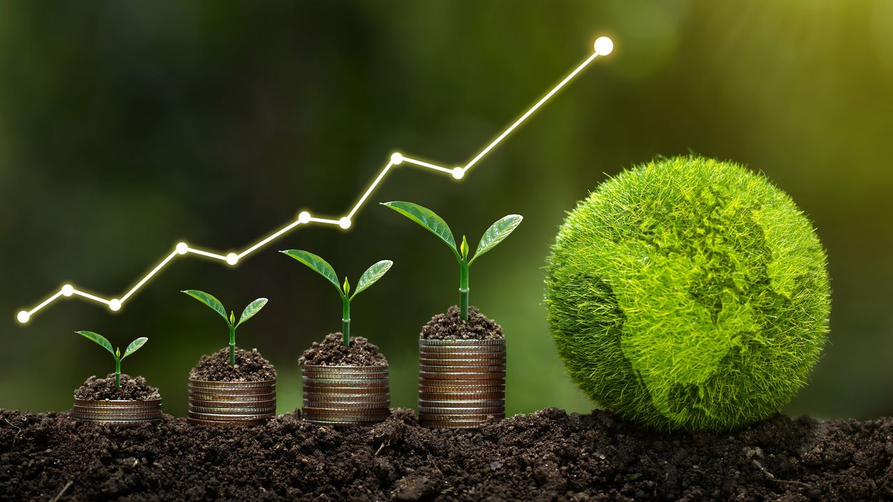 Four stacks of coins have plants on top next to a bush that&#039;s been sculpted to look like Earth.