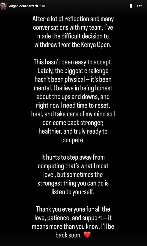 A screenshot of Eugenio Chacarra's Instagram story where he talks about withdrawing from the Kenya Open to focus on his mental health