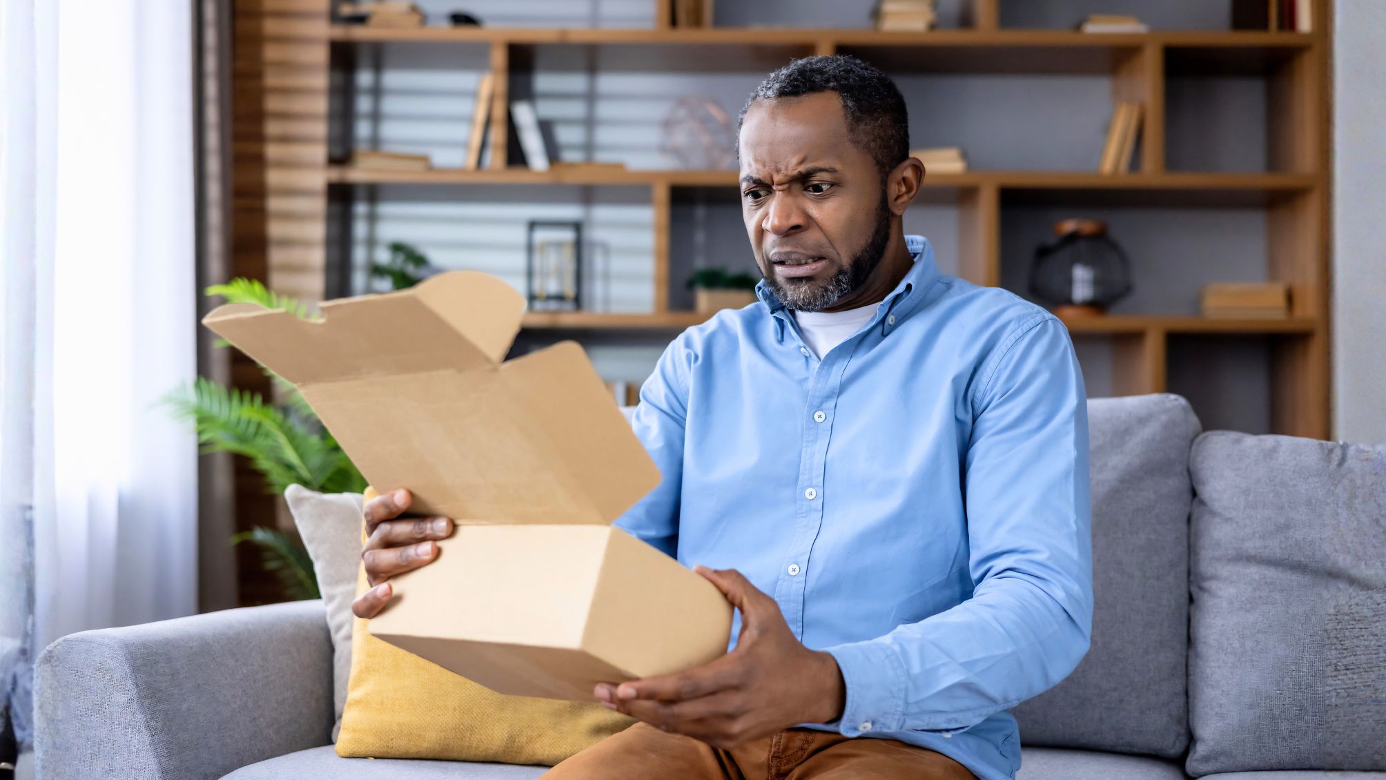 Man sitting on couch looking shocked while opening a cardboard box in his living room