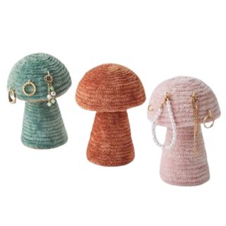 Three colorful mushroom jewelry holders