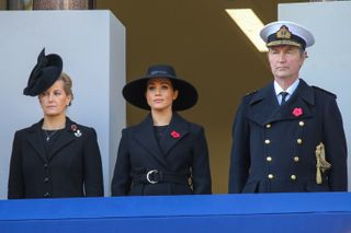 Sophie, Countess of Wessex, Meghan, Duchess of Sussex and Tim Laurence attend the Remembrance Sunday ceremony at the Cenotaph memorial in Whitehall, central London, United Kingdom on November 10, 2019. Remembrance Sunday is held each year to commemorate the service men and women who fought in past military conflicts.