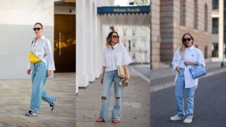 A composite of street style influencers showing how to style baggy jeans with a white shirt