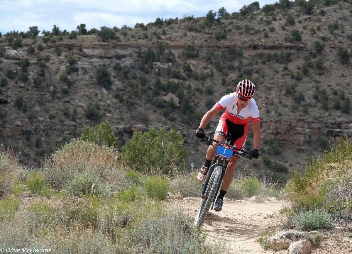 Howard Grotts (Specialized) had a 4 1/2 minute lead as he started the half hour descent back into town