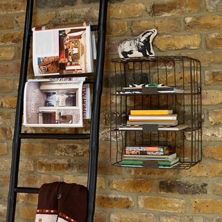 Storage ladder and wire storage shelf holding magazines and books against an inside facebrick wall