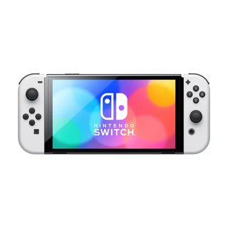 An image showing the Nintendo Switch OLED on a white background with a colorful screensaver.