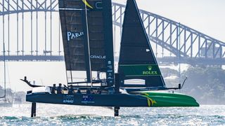 Boat competing at the SailGP in Sydney, Australia