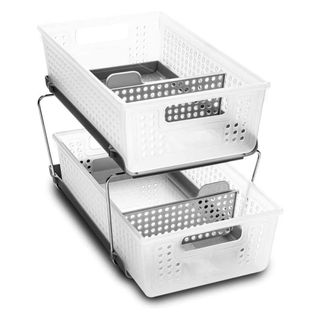 PUILUO Under Sliding Cabinet Basket Organizer, 2 Tier Under Sink Organizers  White Under Sink Storage for Bathroom Kitchen