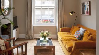 living room with modern skirting board and sash window