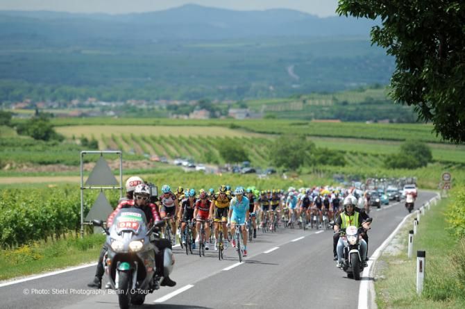 The Tour of Austria peloton in action during stage 6