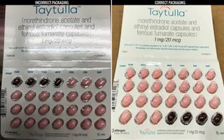 Allergan is recalling some packs of Taytulla birth control pills because of an error in the drug packaging. On the left, an image of the incorrectly packaged pills, which have the placebo pills at the beginning of the packet instead of the end. On the rig