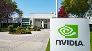 Signage with logo at the Silicon Valley headquarters of computer graphics hardware company Nvidia, Santa Clara, California.