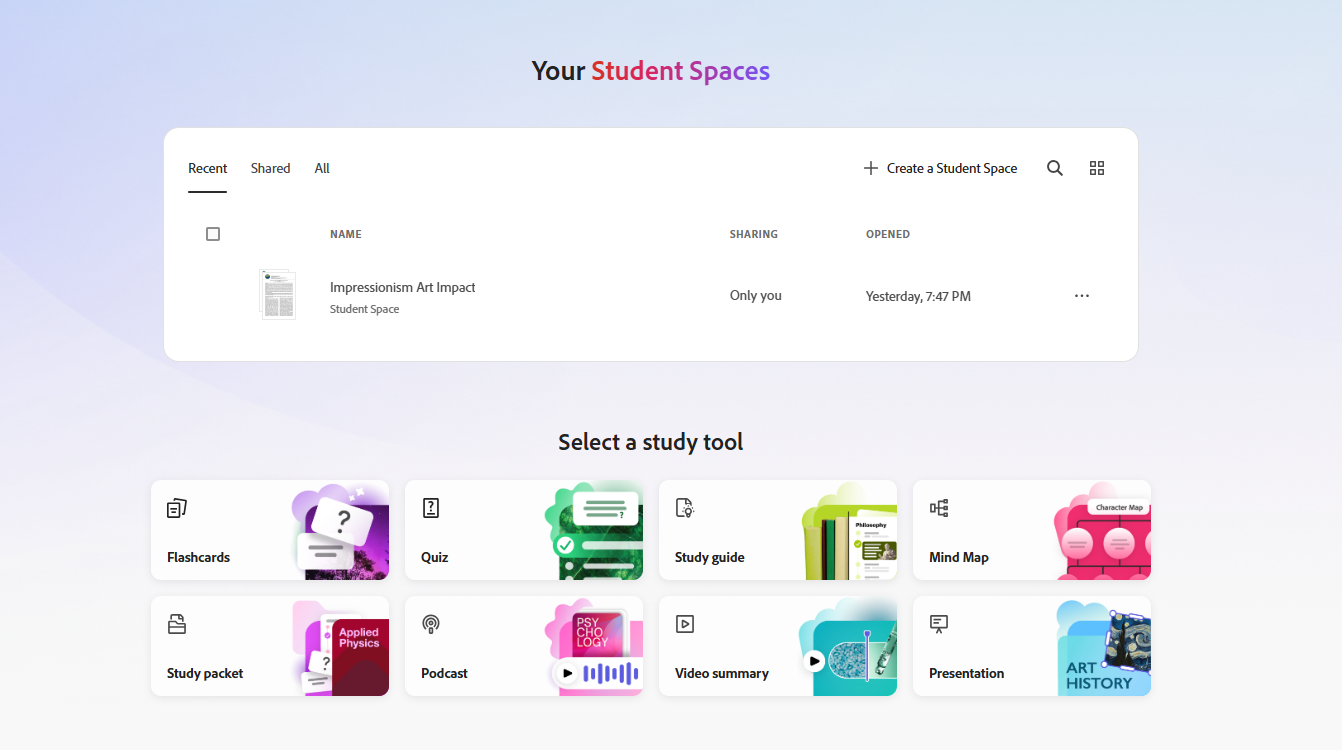 Adobe Student Spaces in use to create study tools