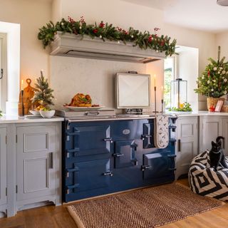 blue Everhot in Christmas kitchen