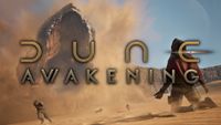 Giant sandworm breaching out of the desert in front of several tiny humans.