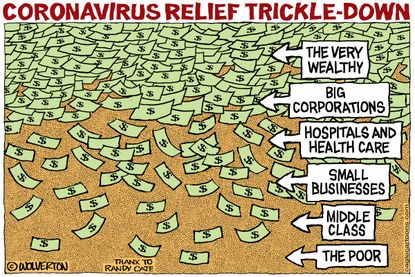 Political Cartoon U.S. stimulus bill coronavirus relief trickles
