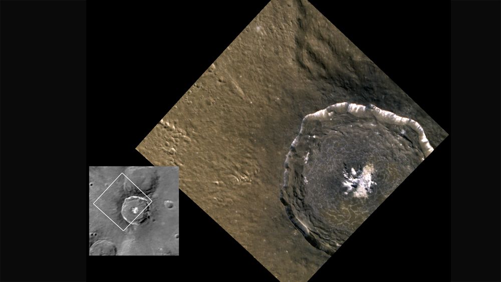 This Messenger view of Mercury&#039;s Degas crater (right) was obtained at a resolution of 90 meters per pixel. Impact melt coats the crater&#039;s floor; as the melt cooled and shrank, it formed the cracks observed across the crater. The Mariner 10 probe’s view of