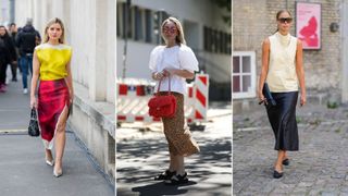 A composite of street style influencers showing how to style a slip skirt for work with a top