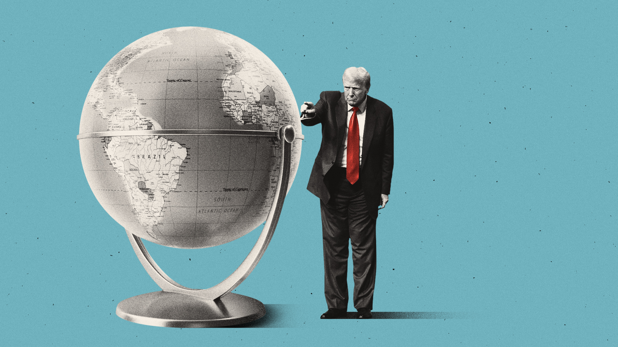 Illustration of Donald Trump pointing at a large globe