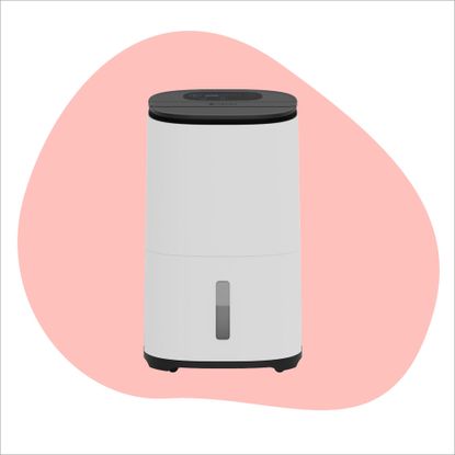 Meaco Arete Two dehumidifier on pink Ideal Home style background