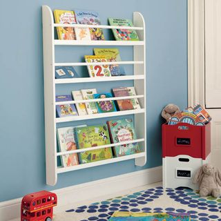 bookshelves on blue colour wall