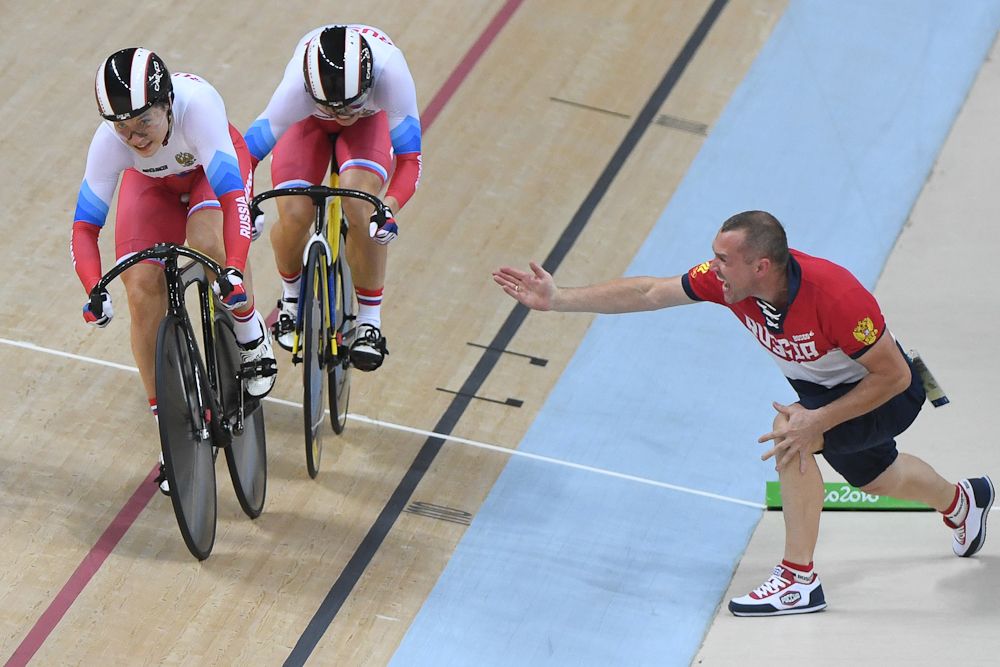 Anastasiia Voinova and Daria Shmeleva of Team Russia compete in the Women's Team Sprint