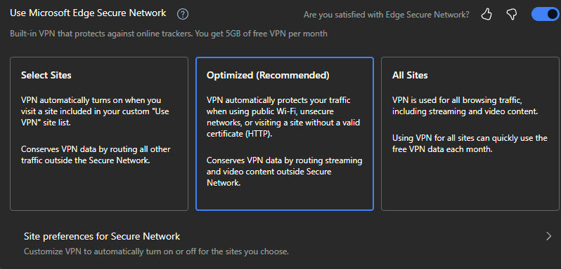 An image showing the three different settings for Microsoft Edge Secure Network.