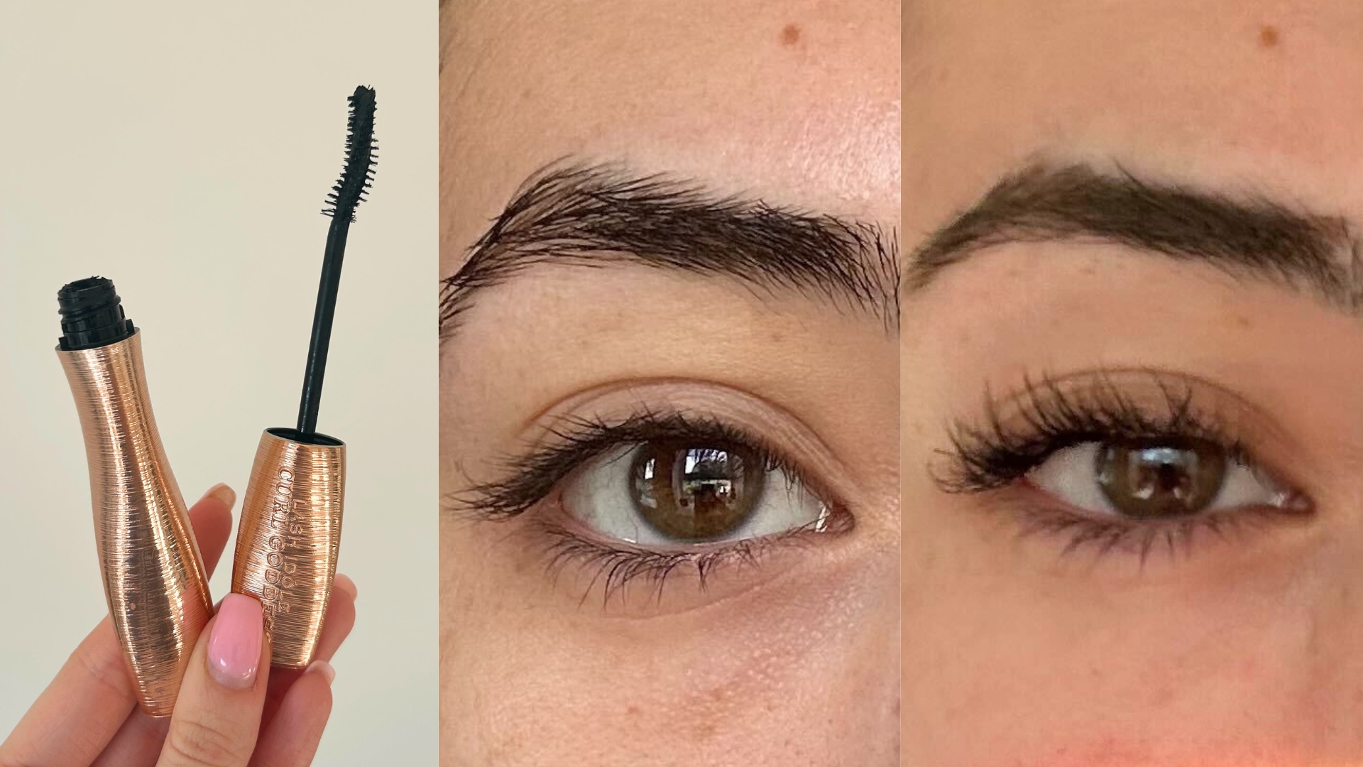On the left, an image of Lanc&amp;ocirc;me's Lash Ido&amp;#770;le Curl Goddess Mascara, in the middle an image of Sennen's eyelashes before applying mascara, on the right, an image of Sennen's lashes after applying the Lancome Lash Id&amp;ocirc;le Curl Goddess Mascara