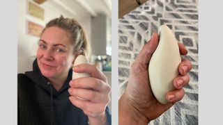 Jennifer Kyte holding the Moonbird breathing device for stress relief