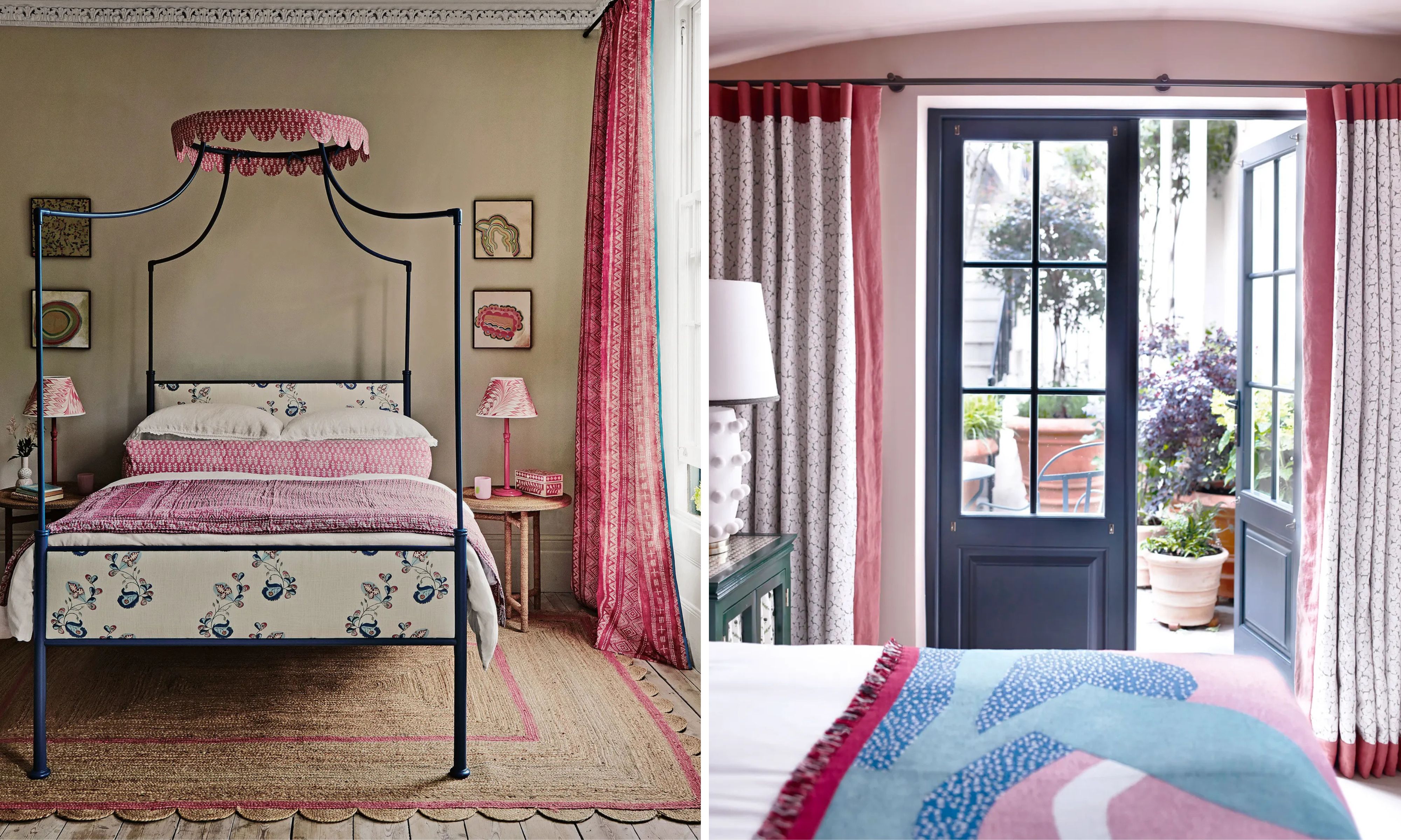 This two-paneled interior design collage showcases a whimsical, romantic bedroom filled with soft textures and bold accents. On the left, a navy blue four-poster bed with a pink scalloped canopy serves as the centerpiece, dressed in floral and block-print linens against warm taupe walls. A large jute rug with a pink scalloped border grounds the space, while framed botanical prints and matching pink lamps add a curated, symmetrical feel. On the right, the perspective shifts toward dark blue French doors that open to a lush garden patio, framed by heavy patterned curtains with deep pink borders. The overall aesthetic blends English country charm with a playful, modern use of color and pattern.