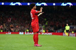 Serge Gnabry of Bayern Munich celebrates after scoring a goal to make it 1-4 during the UEFA Champions League group B match between Tottenham Hotspur and Bayern Muenchen at Tottenham Hotspur Stadium on October 1, 2019 in London, United Kingdom.