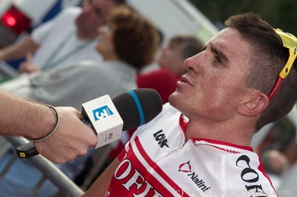 Stage winner Samuel Dumoulin (Cofidis) talks to the press.