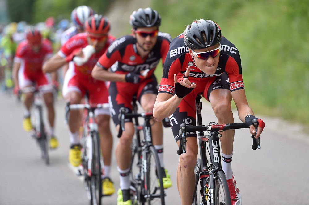 Michael Schar takes a monster pull on the front during stage 4.