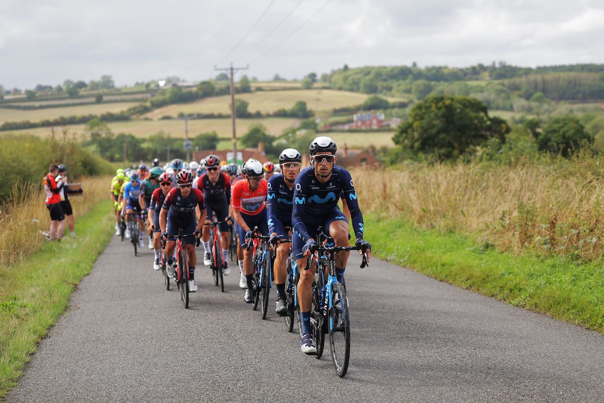 Picture by Alex WhiteheadSWpixcom 08092022 Cycling 2022 AJ Bell Tour of Britain Stage 5 West Bridgeford to Mansfield England The Peloton being lead by Imanol Erviti of Team Movistar