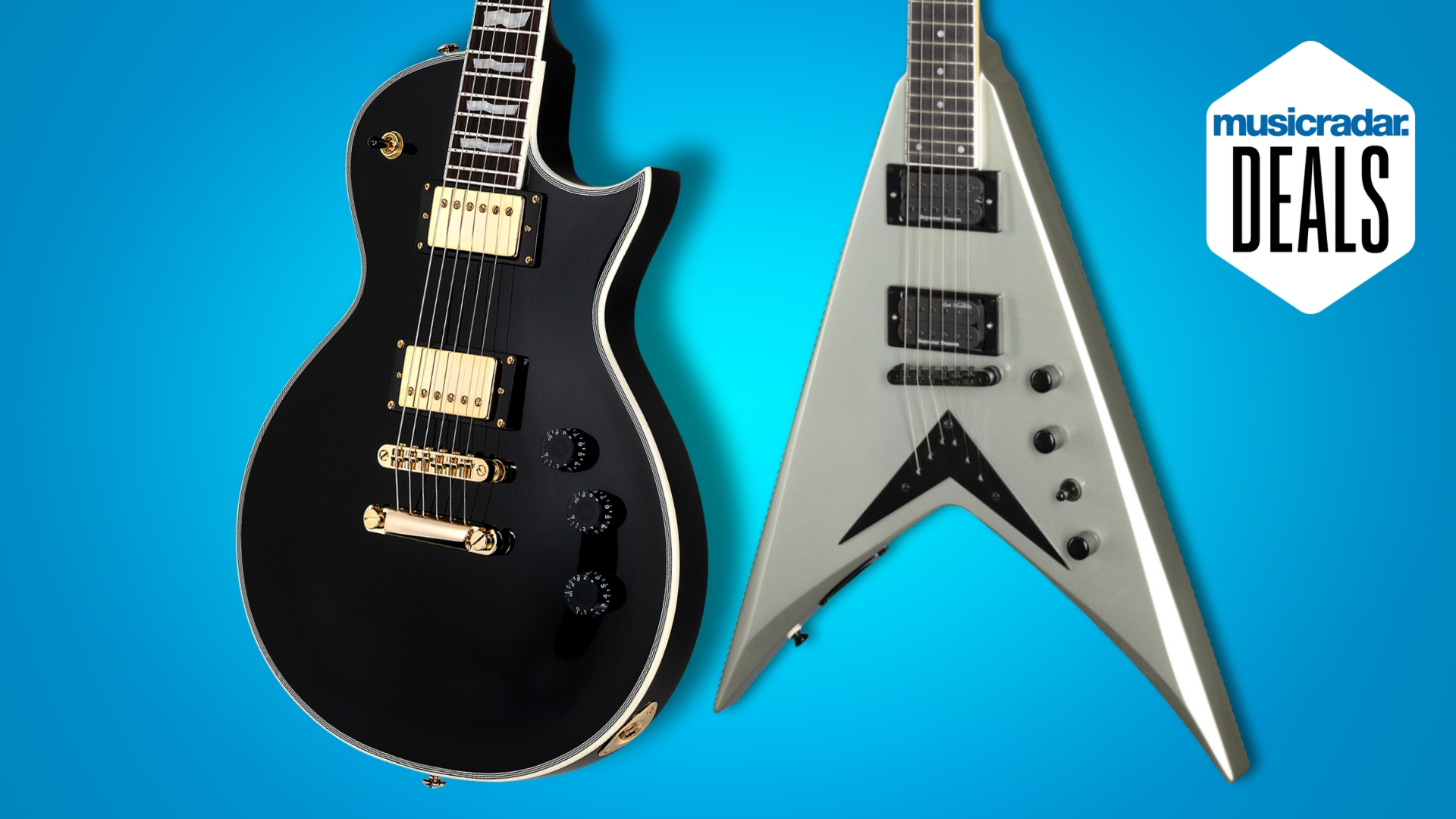 An ESP and Kramer electric guitars on a blue background