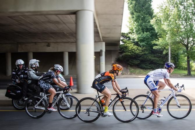 Alison Powers (UnitedHealthcare) Janel Holcomb (Optum) and Evelyn Stephens (Specialized-Lululemon) get a gap on the rest of the field