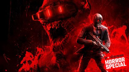 The Killing Floor 3 key art hero image, showing a suited, gas-mask-wearing commander with an assault rifle in the foreground, with red-tinged Zeds in the background including a close-up of one with lots of teeth, with the GamesRadar+ Big Preview Horror Special 2025 badge branding