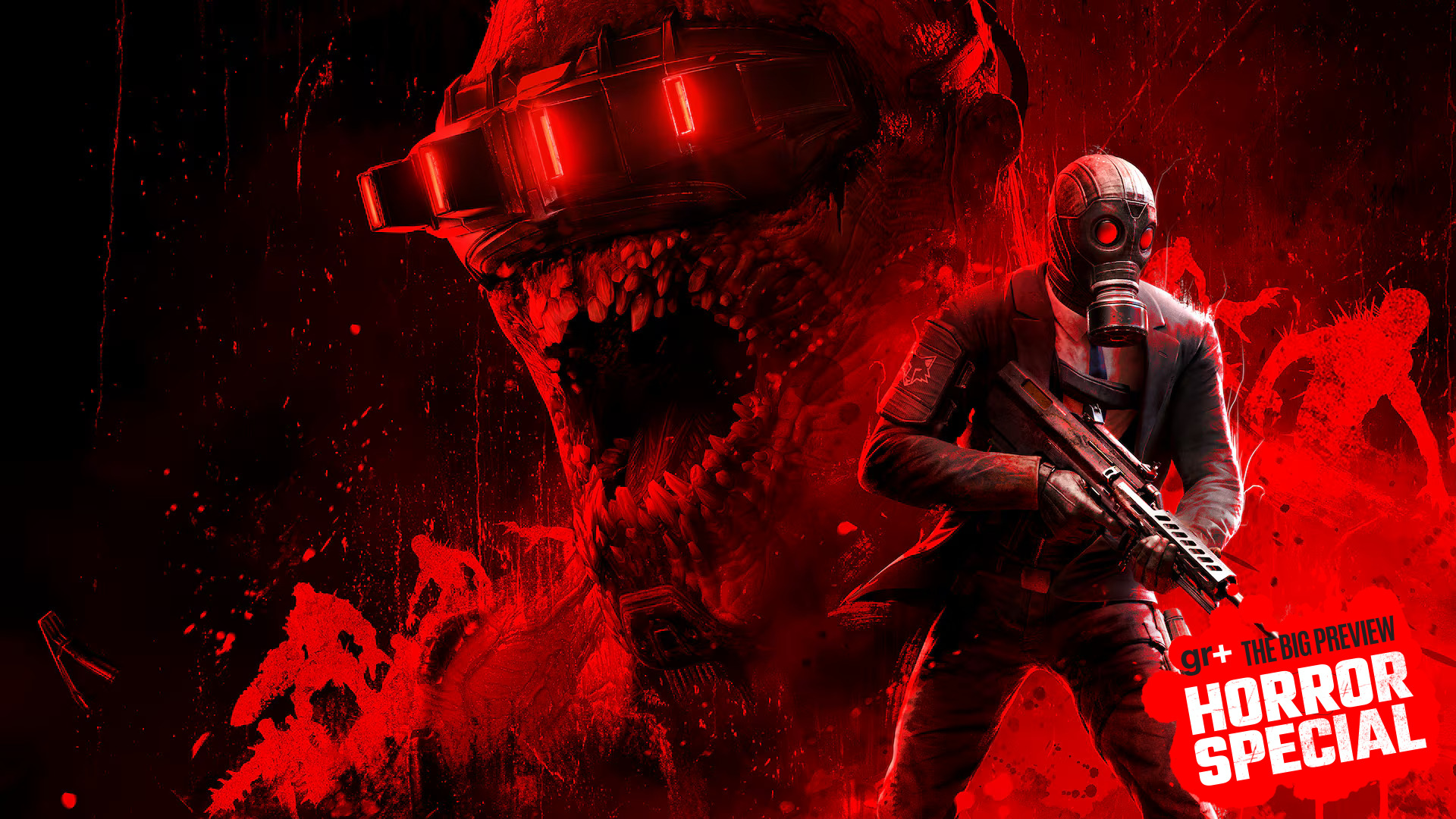 The Killing Floor 3 key art hero image, showing a suited, gas-mask-wearing commander with an assault rifle in the foreground, with red-tinged Zeds in the background including a close-up of one with lots of teeth, with the GamesRadar+ Big Preview Horror Special 2025 badge branding