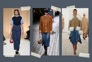 A collage of runway images featuring denim trends from the fall/winter 2024 collections.