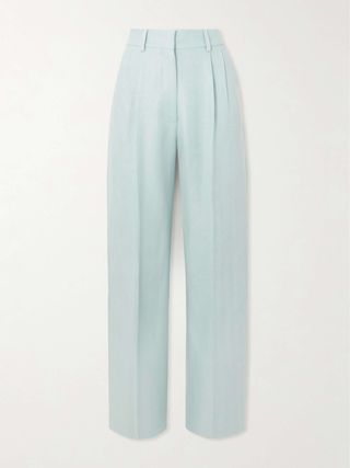 Clarity Fox Pleated Herringbone Linen Straight-Leg Pants