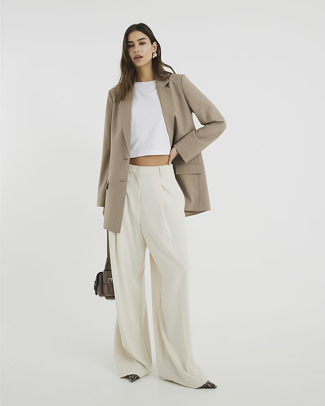 River Island, Cream Soft Wide Leg Trousers