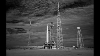 The moon rocket looks fascinating in this black and white infrared image as it sits on Launch Pad 39B at NASA's Kennedy Space Center in Florida. NASA photographer Bill Ingalls captured this image on Friday (Sept. 2), one day before the rocket's second launch attempt.