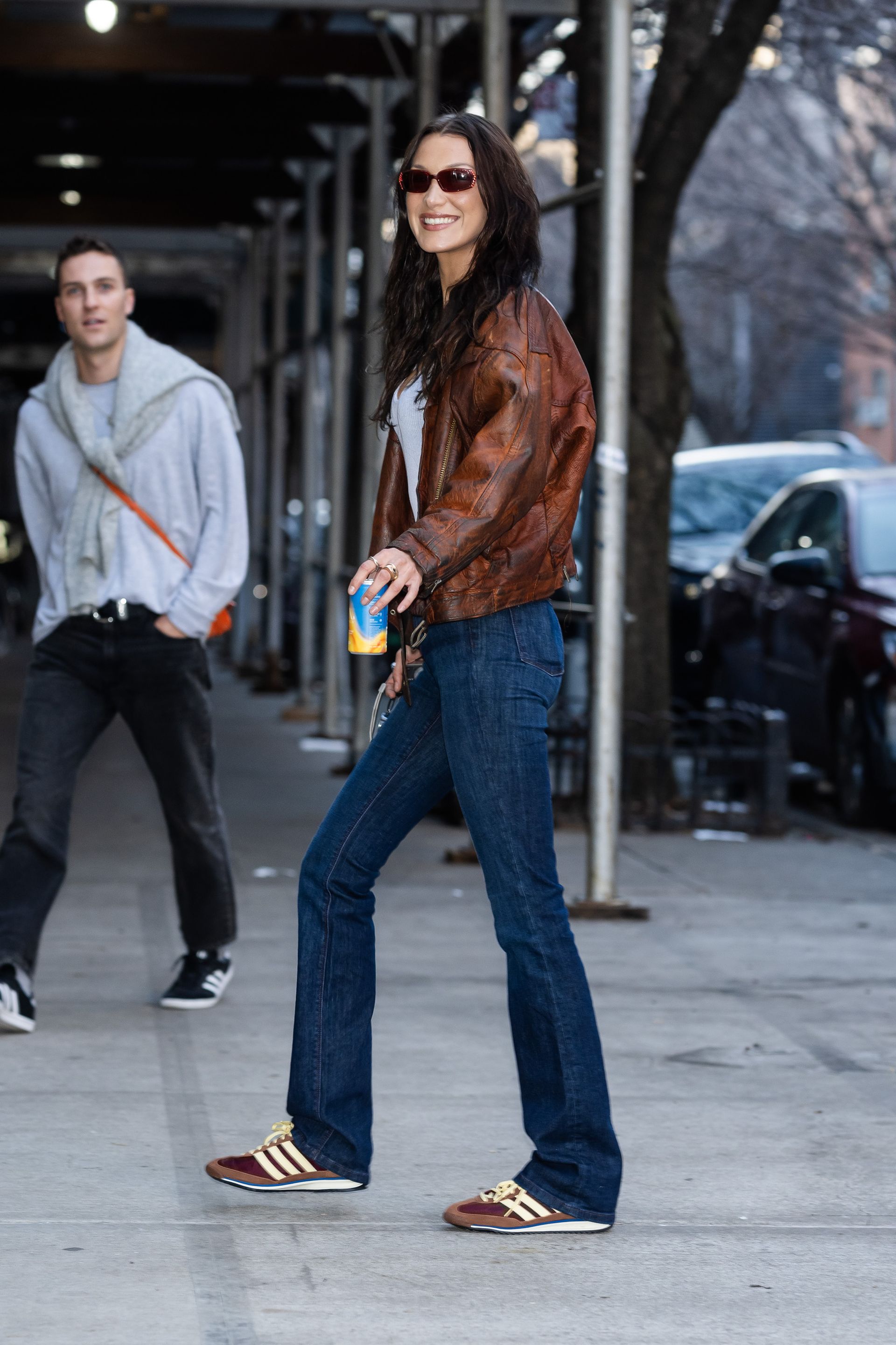 Bella Hadid styles brown Adidas Trainers