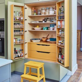 A wooden larder with light green cabinetry, filled with spices, condiments and dried goods with yellow wooden step