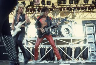 K.K. Downing (left) and Glenn Tipton perform at Rockford Speedway, Loves Park, Illinois, July 27, 1980.