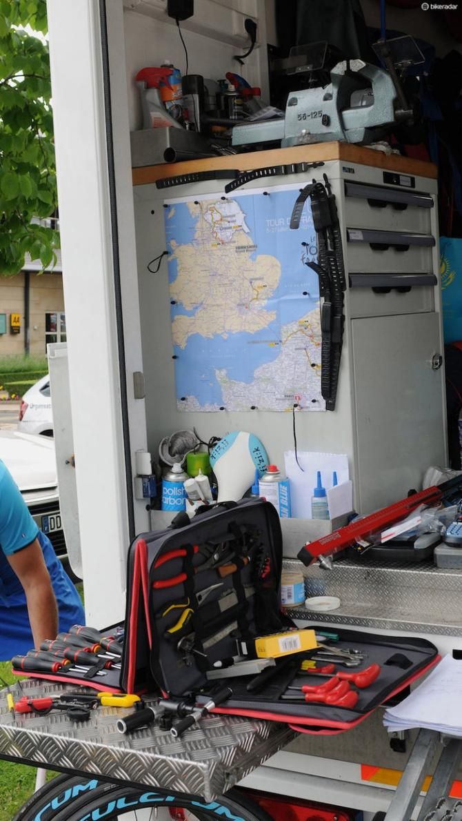 A clever folding tool kit beneath a map of this year's Tour on AG2R's truck